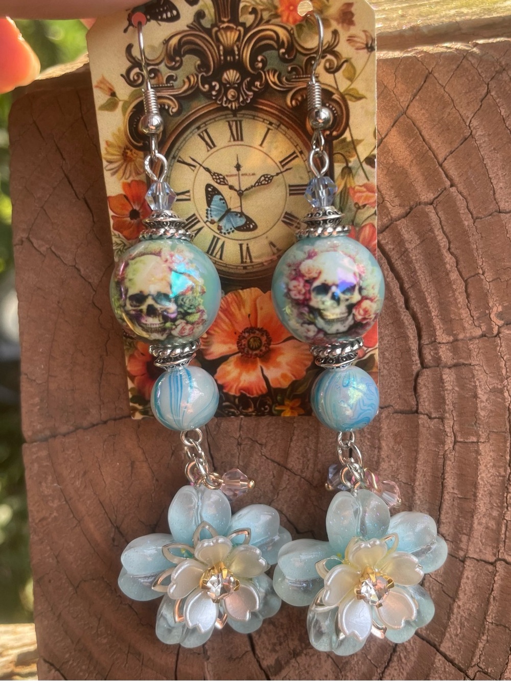 Hand Crafted Blue Floral Skull Drop Earrings